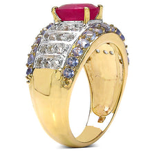 Load image into Gallery viewer, 14K Yellow Gold Plated 3.02 Carat Genuine Ruby, Tanzanite &amp; White Topaz .925 Sterling Silver Ring
