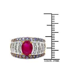 Load image into Gallery viewer, 14K Yellow Gold Plated 3.02 Carat Genuine Ruby, Tanzanite &amp; White Topaz .925 Sterling Silver Ring
