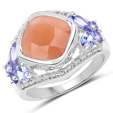 Load image into Gallery viewer, 4.67 Carat Genuine Peach Moonstone and Tanzanite .925 Sterling Silver Ring
