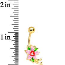 Load image into Gallery viewer, Green Clear Gem Pink Bashful Hibiscus Flower Belly Ring
