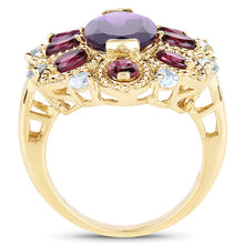 Load image into Gallery viewer, 14K Yellow Gold Plated 6.80 Carat Genuine Amethyst, Rhodolite &amp; Blue Topaz .925 Sterling Silver Ring
