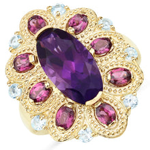 Load image into Gallery viewer, 6.80 Carat Genuine Amethyst, Rhodolite and Blue Topaz .925 Sterling Silver Ring
