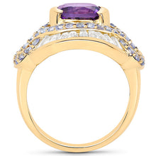 Load image into Gallery viewer, 14K Yellow Gold Plated 3.93 Carat Genuine Amethyst, Tanzanite and White Topaz .925 Sterling Silver Ring
