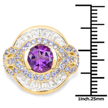 Load image into Gallery viewer, 14K Yellow Gold Plated 3.93 Carat Genuine Amethyst, Tanzanite and White Topaz .925 Sterling Silver Ring
