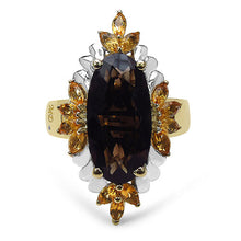 Load image into Gallery viewer, 14K Yellow Gold Plated 7.07 Carat Genuine Smoky Quartz, Citrine &amp; White Diamond .925 Sterling Silver Ring
