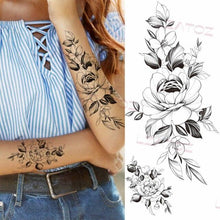 Load image into Gallery viewer, Realistic Sketches Black Flowers Temporary Waterproof Flower Tattoos Modern Body Arm Drawing For Womens
