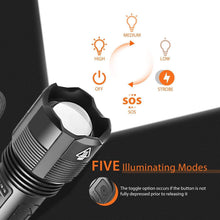 Load image into Gallery viewer, Rechargeable Adjustable Led Flashlights With High Lumen With Battery Display Super Bright Waterproof Flashlight  5 Lighting Modes For Adventure Hiking Camping Hunting New Design
