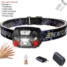 Load image into Gallery viewer, Rechargeable Adjustable  LED USB Headlight Powerfull Elastic High Lumens Headband Headlamp Motion Sensor Flashlight For Adults Kids Running Camping Hiking Camping

