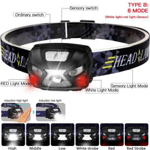 Load image into Gallery viewer, Rechargeable Adjustable  LED USB Headlight Powerfull Elastic High Lumens Headband Headlamp Motion Sensor Flashlight For Adults Kids Running Camping Hiking Camping
