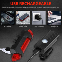Load image into Gallery viewer, Rechargeable USB Bike Light Bicycle Front Rear Back Taillight Cycling Headlight Bicycle Lamp Flashlight Powerful Front And Back Lights Bicycle Accessories For Night Riding Cycling Safety Best Headlight With USB Tail

