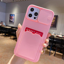 Load image into Gallery viewer, Red Soft Wallet Card Holder Phone Case for iPhone 13 12 11 Pro Max Slide Camera Protection Candy Cover Silicone Back Cover With Slide Camera Cover Protective iphone Case
