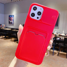 Load image into Gallery viewer, Red Soft Wallet Card Holder Phone Case for iPhone 13 12 11 Pro Max Slide Camera Protection Candy Cover Silicone Back Cover With Slide Camera Cover Protective iphone Case
