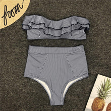 Load image into Gallery viewer, Retro Blue White Striped High Waist Bikini Lady Swimwear Women Swimsuit Female Ruffle Swim Bathing Suit  Piece Vintage High Waist Bikini Set Ruffled Swimsuits For Women Bathing Suits
