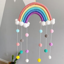 Load image into Gallery viewer, Room Decoration Handmade Woven Cotton Rope Rainbow Hanging Decoration Rainbow with Pom Pom Ball Wall Hanging Garlands for Kids Room Baby Shower Party Supplies Wall Hanging Decor With Felt Ball Photo Props
