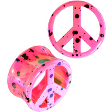 Load image into Gallery viewer, Black Speckled Pink Acrylic Peace Sign Saddle Plug Set 10mm to 20mm
