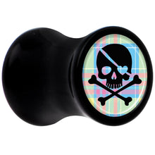 Load image into Gallery viewer, Black Acrylic Pink Green Plaid Heart Skull Saddle Plug Set 2G
