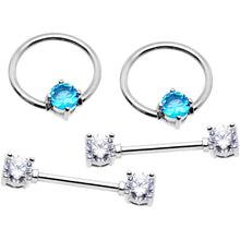 Load image into Gallery viewer, 14G 5/8 Clear Aqua Gem Captive Ring Barbell Nipple Ring Set
