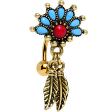 Load image into Gallery viewer, Red Blue Orb Gold Anodized Fan Feather Top Mount Dangle Belly Ring
