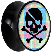 Load image into Gallery viewer, Black Acrylic Pink Green Plaid Heart Skull Saddle Plug Set 9/16
