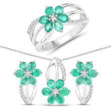 Load image into Gallery viewer, 3.61 Carat Genuine Emerald and White Topaz .925 Sterling Silver Set (Ring, Earrings, and Pendant )
