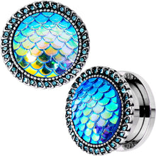 Load image into Gallery viewer, Aqua Gem Iridescent Blue Mermaid Scale Screw Fit Plug Set 6mm to 22mm
