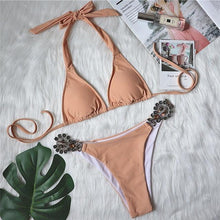 Load image into Gallery viewer, Shiny Diamond Bikini Push Up Halter Swimsuit Female Crystal Swimwear Women Bathing Suit New Women's Crystal Diamond Swimsuit High Cut Bikini Set Straps Two Piece Bathing Suit
