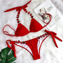 Load image into Gallery viewer, Shiny Diamond Bikini Push Up Halter Swimsuit Female Crystal Swimwear Women Bathing Suit New Women's Crystal Diamond Swimsuit High Cut Bikini Set Straps Two Piece Bathing Suit
