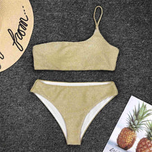 Load image into Gallery viewer, Shiny Glitter Sparkling High Waist Bikini Female Swimsuit Women's Bikini One Shoulder Top With High Waist Bottom Two Piece Swimsuits Women Swimwear Two-pieces Bikini Set One Shoulder Bathing Suit
