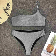 Load image into Gallery viewer, Shiny Glitter Sparkling High Waist Bikini Female Swimsuit Women's Bikini One Shoulder Top With High Waist Bottom Two Piece Swimsuits Women Swimwear Two-pieces Bikini Set One Shoulder Bathing Suit

