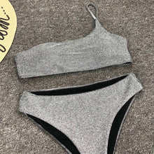 Load image into Gallery viewer, Shiny Glitter Sparkling High Waist Bikini Female Swimsuit Women's Bikini One Shoulder Top With High Waist Bottom Two Piece Swimsuits Women Swimwear Two-pieces Bikini Set One Shoulder Bathing Suit
