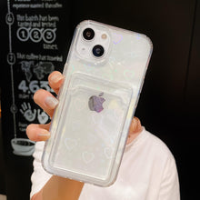 Load image into Gallery viewer, Shiny Holographic Heart Phone Case For iPhone 14 13 Pro Max 11 12 XR 6 7 8 Plus XS X SE 2 Clear Wallet Card Holder Storage Cover Love Heart Pattern Cute Case with Card Holder Soft Cover for iPhone Transparent Phone Case
