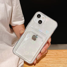 Load image into Gallery viewer, Shiny Holographic Heart Phone Case For iPhone 14 13 Pro Max 11 12 XR 6 7 8 Plus XS X SE 2 Clear Wallet Card Holder Storage Cover Love Heart Pattern Cute Case with Card Holder Soft Cover for iPhone Transparent Phone Case
