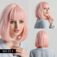 Load image into Gallery viewer, Short Straight Synthetic Brown Mix Gray Hair Cute Bob Wigs with Bangs for White/Black Women Cosplay Party or Daily Wear Wigs For Black Women Cosplay Wigs For Women
