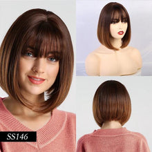 Load image into Gallery viewer, Short Straight Synthetic Brown Mix Gray Hair Cute Bob Wigs with Bangs for White/Black Women Cosplay Party or Daily Wear Wigs For Black Women Cosplay Wigs For Women
