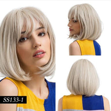Load image into Gallery viewer, Short Straight Synthetic Brown Mix Gray Hair Cute Bob Wigs with Bangs for White/Black Women Cosplay Party or Daily Wear Wigs For Black Women Cosplay Wigs For Women
