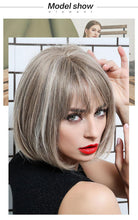 Load image into Gallery viewer, Short Straight Synthetic Brown Mix Gray Hair Cute Bob Wigs with Bangs for White/Black Women Cosplay Party or Daily Wear Wigs For Black Women Cosplay Wigs For Women
