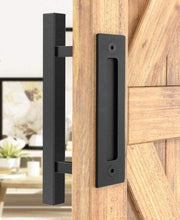 Load image into Gallery viewer, Sliding Barn Door Handle Pull Cabinet Flush Hardware Set Wood Door Handle Interior Door Furniture Handle Hardware Sliding Barn Door Pull Handle with Flush Hardware Set Heavy Duty Solid Square Rustic Style Black Powder Coated Finish
