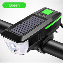 Load image into Gallery viewer, Solar Charging Bicycle Light LED Road Mountain Bike Front Light Waterproof Bicycle Bell Light Rechargeable Headlight Horn Solar Powered USB 3 Mode Bicycle Headlight Combinations Front Light And Bell For Cycling Riding
