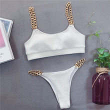 Load image into Gallery viewer, Solid Bikini High Waist Swimwear Female Chain Swimsuit Women 2 Pieces Set Sports Bathing Suit Women's Bikini Set Two Piece Smocked Swimsuits Ruffle Off Shoulder Bathing Suit With High Waist Bottoms
