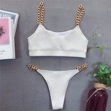 Load image into Gallery viewer, Solid Bikini High Waist Swimwear Female Chain Swimsuit Women 2 Pieces Set Sports Bathing Suit Women's Bikini Set Two Piece Smocked Swimsuits Ruffle Off Shoulder Bathing Suit With High Waist Bottoms
