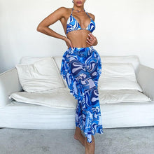 Load image into Gallery viewer, Solid bikini Mesh 3 Pieces Set Swimsuit 3 Pieces Swimsuit Solid Padded Swimwear with Maxi Wrap Skirt Beach Vacation Swim Bath Wear Women Elegant Swimwear Female Ruffle Swimming Suit Sports Bathing Suit
