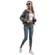 Load image into Gallery viewer, Solid Drawstring Hem Crop Teddy Jacket
