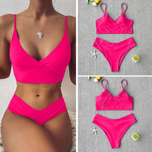 Load image into Gallery viewer, Solid Swimsuit Women Bikini Push Up Women's Crisscross Halter Bandage Bikini Strappy Bottom Swimsuits Swimwear Bikini Set Bathing Suit Two Piece Swim Suit Female
