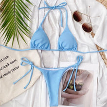 Load image into Gallery viewer, Solid Triangle Bikini Swimwear Women Bandage Backless Two Pieces Swimsuit Women Beachwear Set Women's Halter Triangle Bikini Thong Bottom  Cheeky Two Piece Swimsuits
