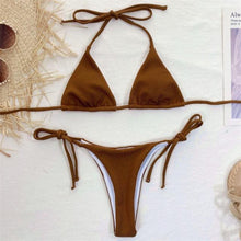 Load image into Gallery viewer, Solid Triangle Bikini Swimwear Women Bandage Backless Two Pieces Swimsuit Women Beachwear Set Women's Halter Triangle Bikini Thong Bottom  Cheeky Two Piece Swimsuits

