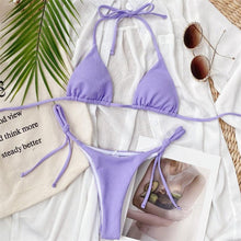 Load image into Gallery viewer, Solid Triangle Bikini Swimwear Women Bandage Backless Two Pieces Swimsuit Women Beachwear Set Women's Halter Triangle Bikini Thong Bottom  Cheeky Two Piece Swimsuits
