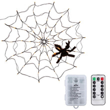 Load image into Gallery viewer, Spider Web Light with Hairy Spider 70LED Battery Powered Remote Control 8 Lighting Modes
