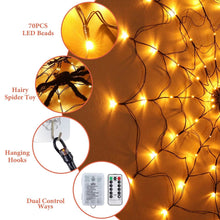 Load image into Gallery viewer, Spider Web Light with Hairy Spider 70LED Battery Powered Remote Control 8 Lighting Modes
