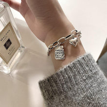 Load image into Gallery viewer, Sterling Silver Simple Heart Ball Letter Square Bracelet Fashion Unique Design Retro Couple Heart Cute Couple Charms Chain Bracelet Adjustable Layered Metal Link Bracelet For Women Girls
