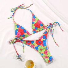 Load image into Gallery viewer, String Bikini Swimsuit Floral Print Swimwear Women Bathing Suit High Waist Bikini Set Beachwear Women's Floral Printed Swimsuit Knotted String Triangle Bikini Tie Side High Cut Cheeky Bikini Set
